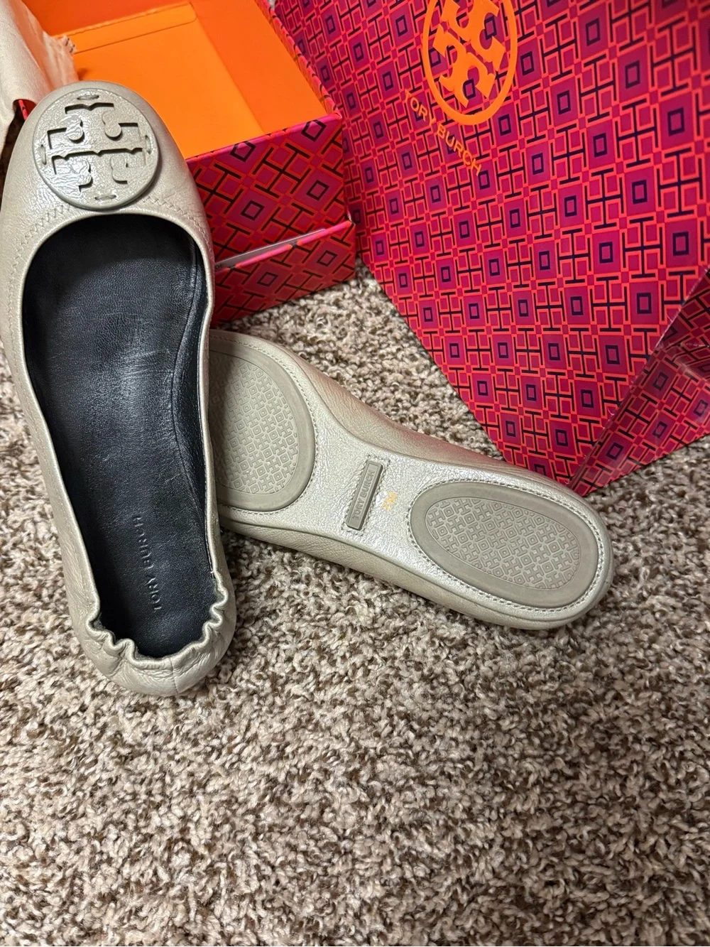 Tory Burch Beige Metallic Reva Leather Ballet Flats